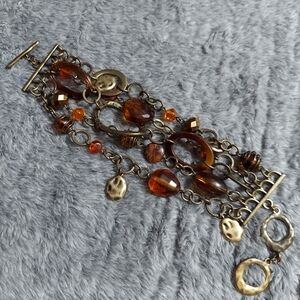 Premier Designs Textured Antique Gold/Multi-Strand Faux Amber Beaded Bracelet